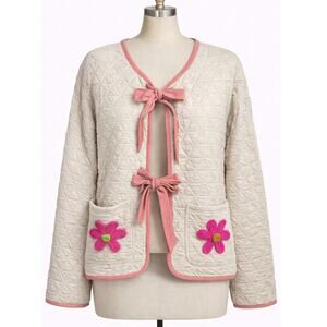 RareRaw Quilted Tie-Front Jacket Cardigan Floral Pockets Pink Cream No Size NWOT